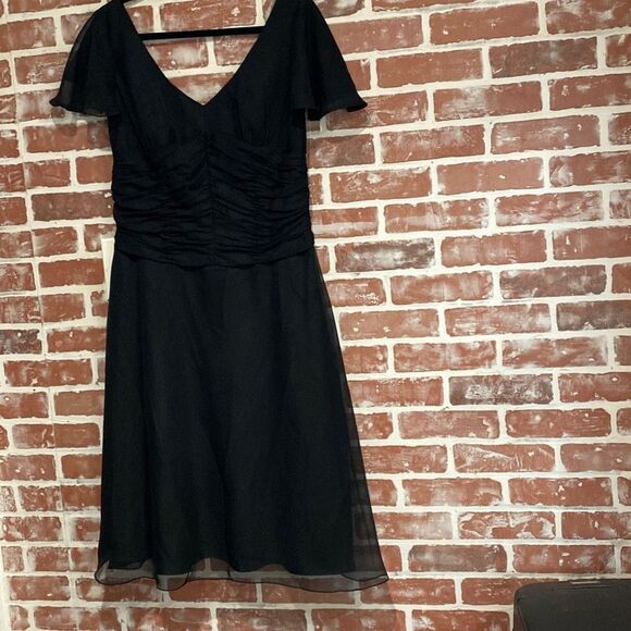 Eden Maids Bridesmaid Formal Black Ruched V-Neck Midi Dress Size 12 - Picture 1 of 7